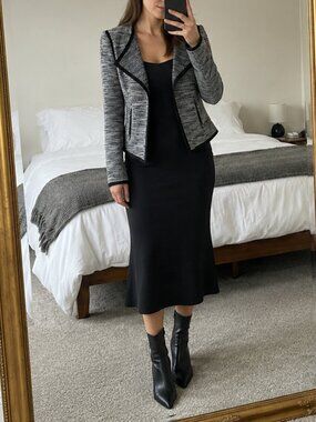 Ann Taylor 100% Cotton Tweed Blazer Navy White Open Front Drape Jacket XS